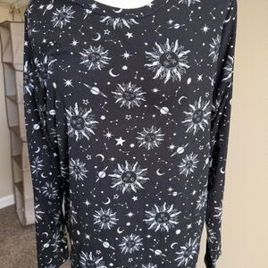Celestial Sun Moon Stars Long Sleeve Top Black Ribbed Tee Plus Size 2XL